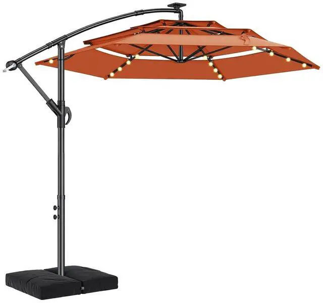 Main image of 10ft 3-Tiered Cantilever Patio Umbrella Solar LED Lighted, Hanging Offset Market Outdoor Sun Shade with Base Stand for Beach, Backyard, Deck, Poolside, Orange