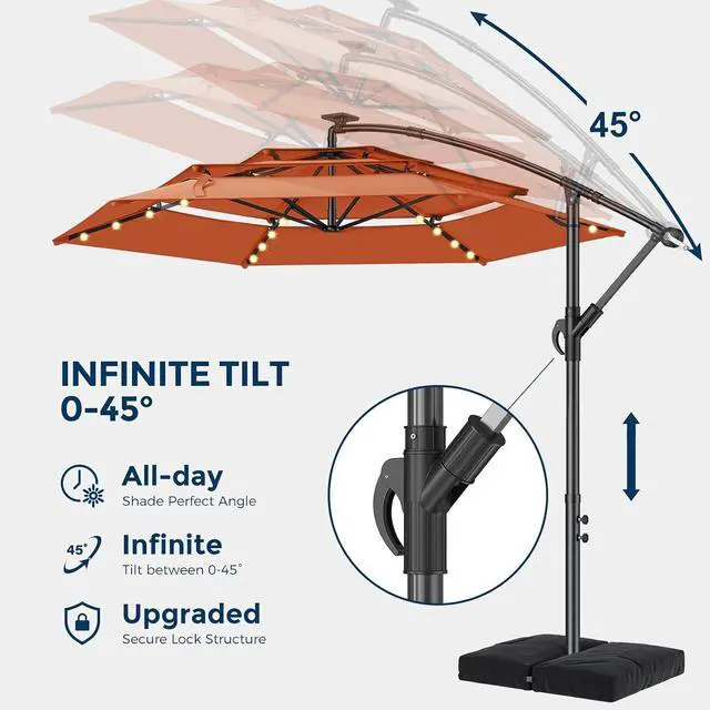 Alt view image 3 of 7 - 10ft 3-Tiered Cantilever Patio Umbrella Solar LED Lighted, Hanging Offset Market Outdoor Sun Shade with Base Stand for Beach, Backyard, Deck, Poolside, Orange