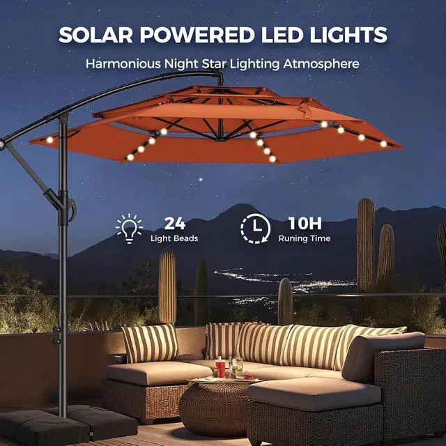 Alt view image 4 of 7 - 10ft 3-Tiered Cantilever Patio Umbrella Solar LED Lighted, Hanging Offset Market Outdoor Sun Shade with Base Stand for Beach, Backyard, Deck, Poolside, Orange