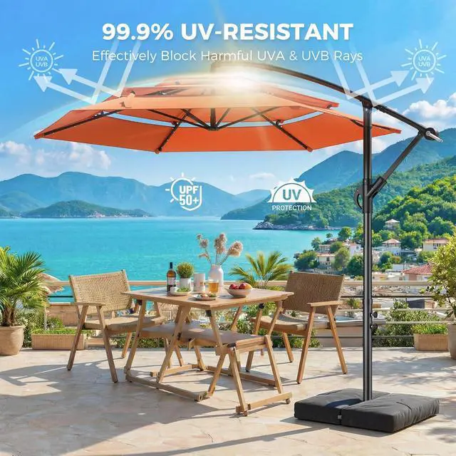 Alt view image 5 of 7 - 10ft 3-Tiered Cantilever Patio Umbrella Solar LED Lighted, Hanging Offset Market Outdoor Sun Shade with Base Stand for Beach, Backyard, Deck, Poolside, Orange