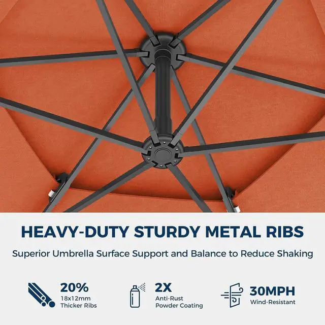 Alt view image 6 of 7 - 10ft 3-Tiered Cantilever Patio Umbrella Solar LED Lighted, Hanging Offset Market Outdoor Sun Shade with Base Stand for Beach, Backyard, Deck, Poolside, Orange