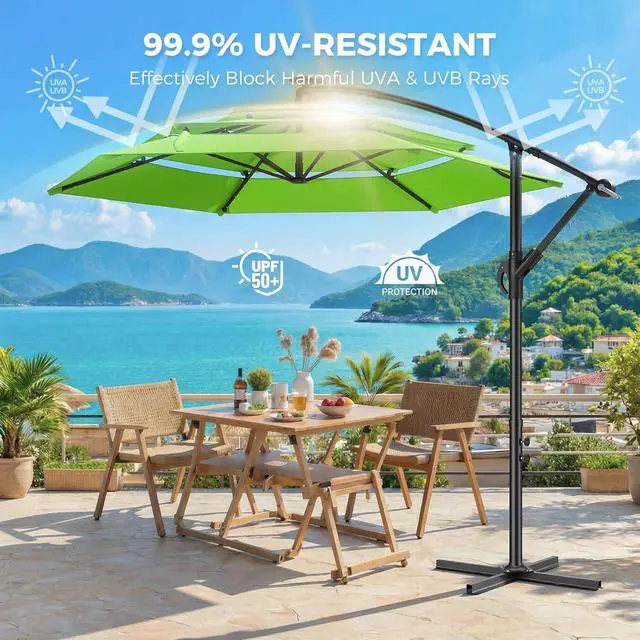 Alt view image 3 of 7 - 10ft 3-Tiered Cantilever Patio Umbrella Solar LED Lighted, Hanging Offset Market Outdoor Sun Shade for Beach, Backyard, Deck, Poolside, Green