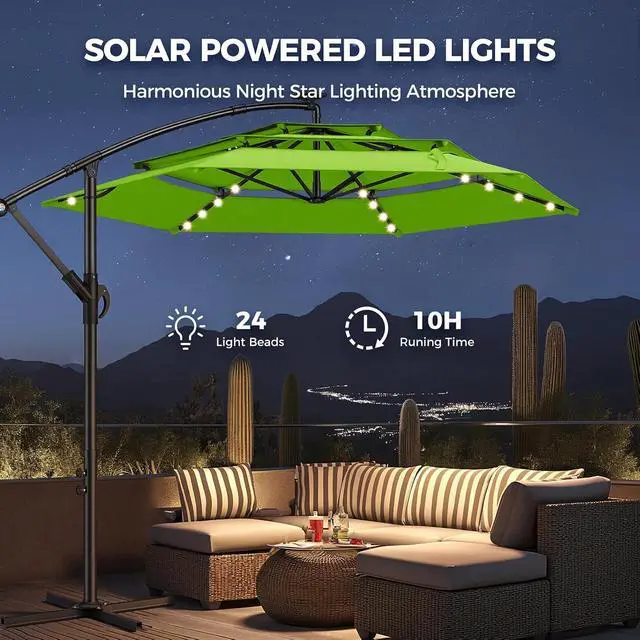 Alt view image 2 of 7 - 10ft 3-Tiered Cantilever Patio Umbrella Solar LED Lighted, Hanging Offset Market Outdoor Sun Shade for Beach, Backyard, Deck, Poolside, Green