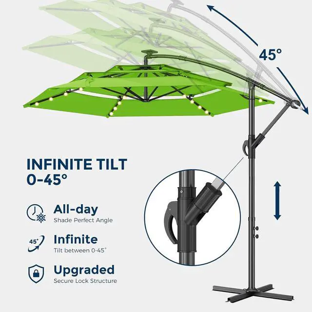 Alt view image 4 of 7 - 10ft 3-Tiered Cantilever Patio Umbrella Solar LED Lighted, Hanging Offset Market Outdoor Sun Shade for Beach, Backyard, Deck, Poolside, Green