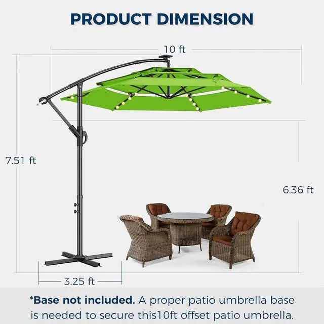 Alt view image 7 of 7 - 10ft 3-Tiered Cantilever Patio Umbrella Solar LED Lighted, Hanging Offset Market Outdoor Sun Shade for Beach, Backyard, Deck, Poolside, Green