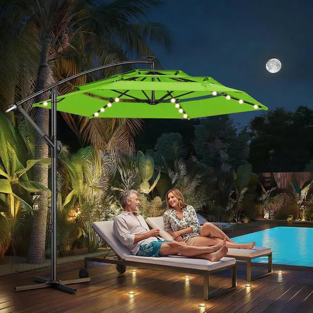 Alt view image 6 of 7 - 10ft 3-Tiered Cantilever Patio Umbrella Solar LED Lighted, Hanging Offset Market Outdoor Sun Shade for Beach, Backyard, Deck, Poolside, Green