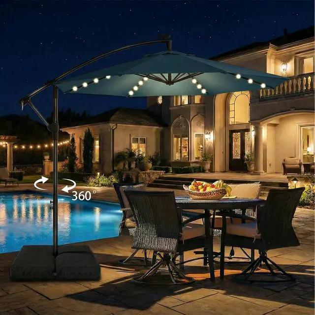 Alt view image 4 of 7 - 10ft Cantilever Hanging Outdoor Umbrella (Includes Base), 360-Degree Rotation Patio Umbrella for Backyard, Deck, Poolside and Garden, Blue