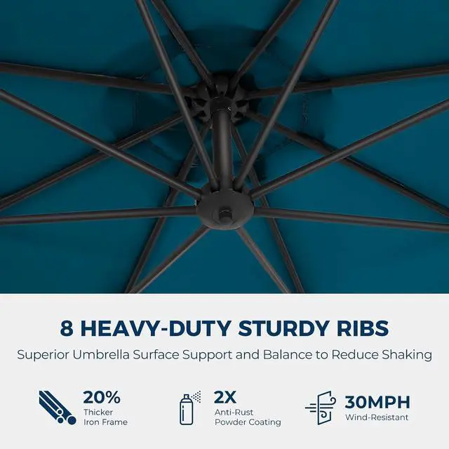 Alt view image 6 of 7 - 10ft Cantilever Hanging Outdoor Umbrella (Includes Base), 360-Degree Rotation Patio Umbrella for Backyard, Deck, Poolside and Garden, Blue