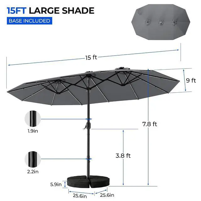 Alt view image 3 of 7 - Patio Umbrella 48 LED Colorful Lights, 15ft Double Sided Outdoor Large Rectangular Patio Umbrella with Crank Handle, for Lawn Garden, Home, Outdoor Activities, Gray(with Base)