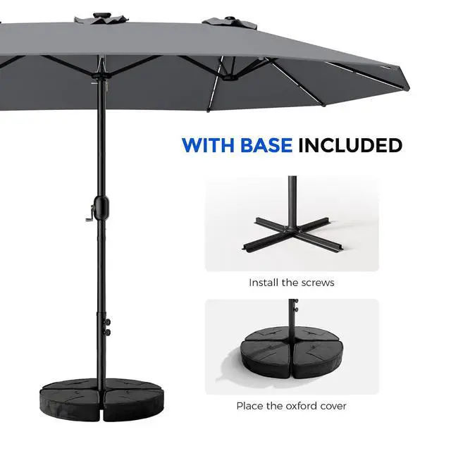 Alt view image 4 of 7 - Patio Umbrella 48 LED Colorful Lights, 15ft Double Sided Outdoor Large Rectangular Patio Umbrella with Crank Handle, for Lawn Garden, Home, Outdoor Activities, Gray(with Base)