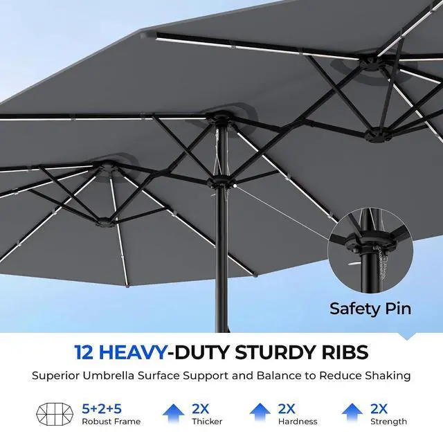 Alt view image 5 of 7 - Patio Umbrella 48 LED Colorful Lights, 15ft Double Sided Outdoor Large Rectangular Patio Umbrella with Crank Handle, for Lawn Garden, Home, Outdoor Activities, Gray(with Base)