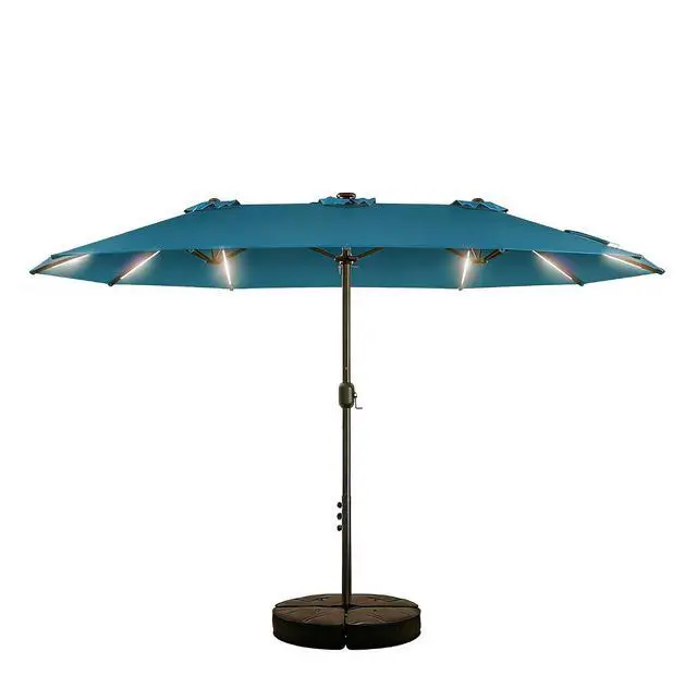Main image of 15FT Double Sided Rectangular Patio Umbrella with LED Light Bars and Base, Large Outdoor Sun Umbrella with Crank Open and Close for Patio, Lawn, Garden, Backyard, Light Blue