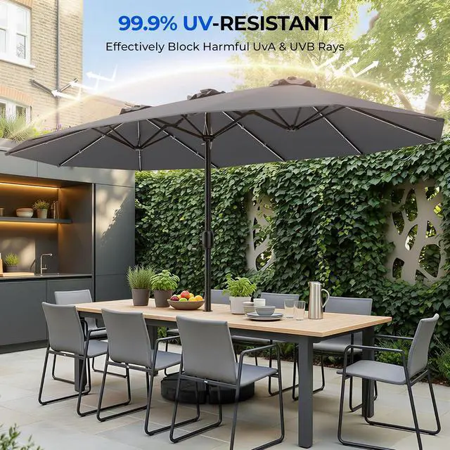 Alt view image 6 of 7 - Patio Umbrella 48 LED Colorful Lights, 15ft Double Sided Outdoor Large Rectangular Patio Umbrella with Crank Handle, for Lawn Garden, Home, Outdoor Activities, Gray(with Base)