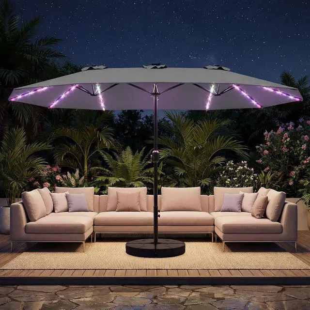 Alt view image 7 of 7 - Patio Umbrella 48 LED Colorful Lights, 15ft Double Sided Outdoor Large Rectangular Patio Umbrella with Crank Handle, for Lawn Garden, Home, Outdoor Activities, Gray(with Base)