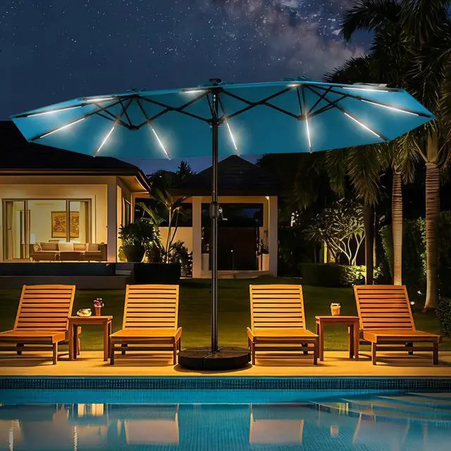 Alt view image 2 of 7 - 15FT Double Sided Rectangular Patio Umbrella with LED Light Bars and Base, Large Outdoor Sun Umbrella with Crank Open and Close for Patio, Lawn, Garden, Backyard, Light Blue