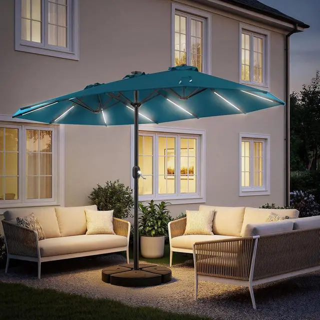 Alt view image 7 of 7 - 15FT Double Sided Rectangular Patio Umbrella with LED Light Bars and Base, Large Outdoor Sun Umbrella with Crank Open and Close for Patio, Lawn, Garden, Backyard, Light Blue