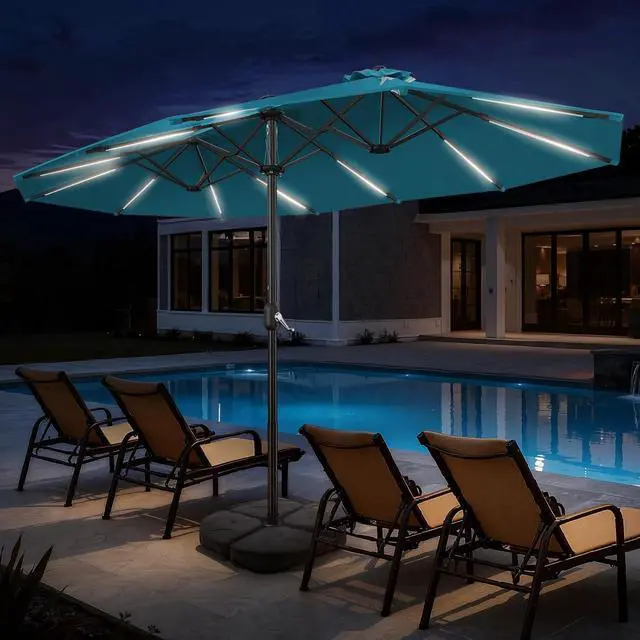 Alt view image 6 of 7 - 15FT Double Sided Rectangular Patio Umbrella with LED Light Bars and Base, Large Outdoor Sun Umbrella with Crank Open and Close for Patio, Lawn, Garden, Backyard, Light Blue
