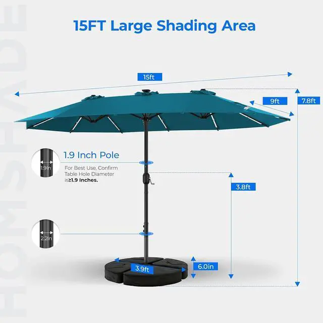Alt view image 5 of 7 - 15FT Double Sided Rectangular Patio Umbrella with LED Light Bars and Base, Large Outdoor Sun Umbrella with Crank Open and Close for Patio, Lawn, Garden, Backyard, Light Blue