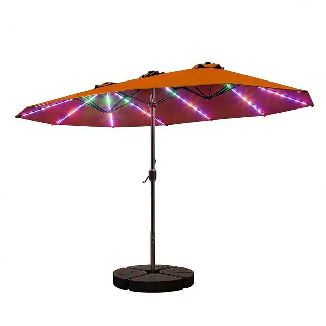 Main image of Patio Umbrella 48 LED Colorful Lights, 15ft Double Sided Outdoor Large Rectangular Patio Umbrella with Crank Handle, for Lawn Garden, Home, Outdoor Activities, Orange(with Base)