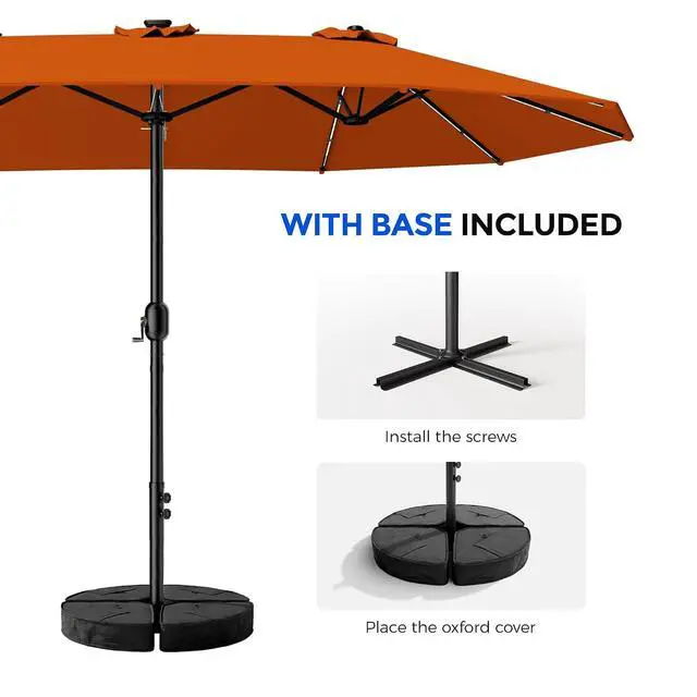 Alt view image 4 of 7 - Patio Umbrella 48 LED Colorful Lights, 15ft Double Sided Outdoor Large Rectangular Patio Umbrella with Crank Handle, for Lawn Garden, Home, Outdoor Activities, Orange(with Base)