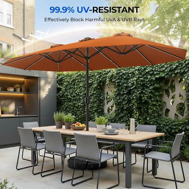 Alt view image 3 of 7 - Patio Umbrella 48 LED Colorful Lights, 15ft Double Sided Outdoor Large Rectangular Patio Umbrella with Crank Handle, for Lawn Garden, Home, Outdoor Activities, Orange(with Base)