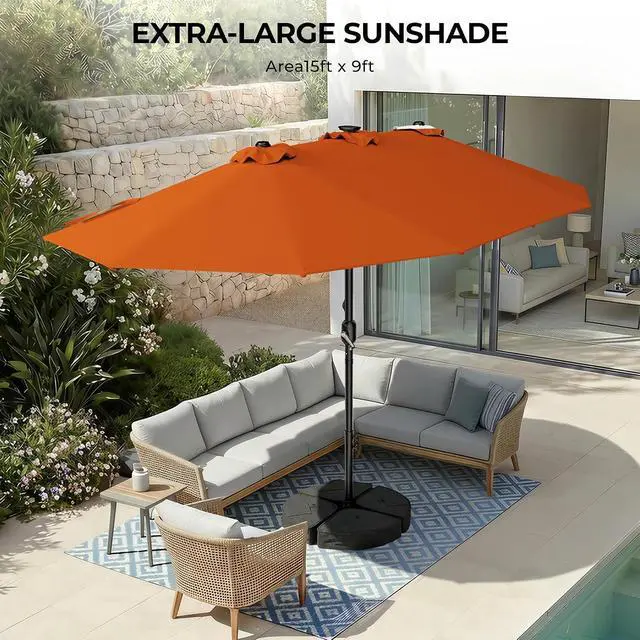 Alt view image 5 of 7 - Patio Umbrella 48 LED Colorful Lights, 15ft Double Sided Outdoor Large Rectangular Patio Umbrella with Crank Handle, for Lawn Garden, Home, Outdoor Activities, Orange(with Base)