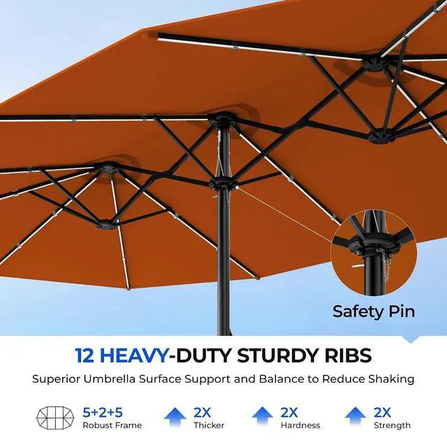 Alt view image 7 of 7 - Patio Umbrella 48 LED Colorful Lights, 15ft Double Sided Outdoor Large Rectangular Patio Umbrella with Crank Handle, for Lawn Garden, Home, Outdoor Activities, Orange(with Base)