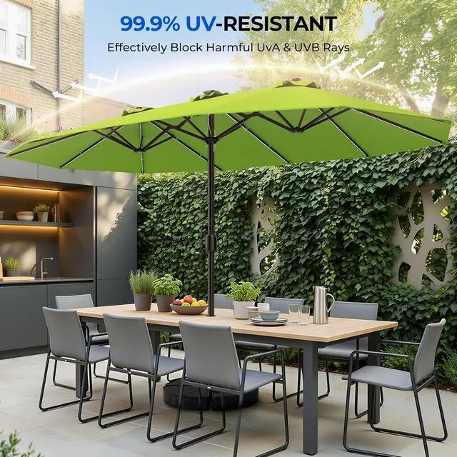 Alt view image 5 of 7 - Patio Umbrella 48 LED Colorful Lights, 15ft Double Sided Outdoor Large Rectangular Patio Umbrella with Crank Handle, for Lawn Garden, Home, Outdoor Activities, Green(with Base)