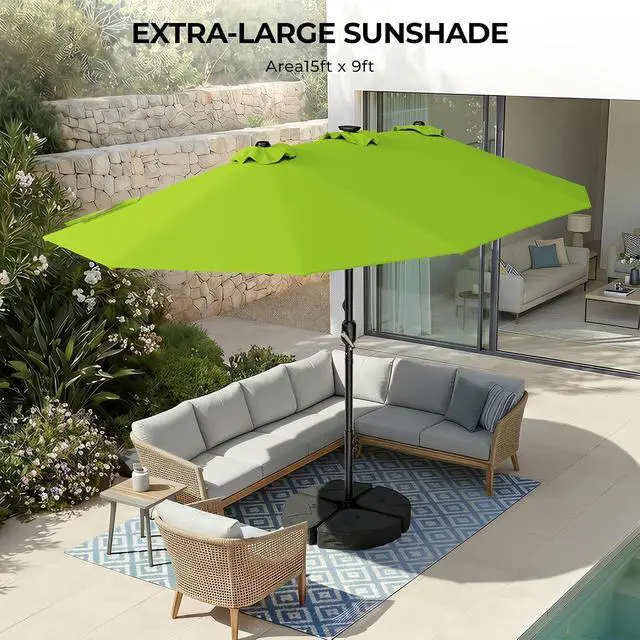 Alt view image 4 of 7 - Patio Umbrella 48 LED Colorful Lights, 15ft Double Sided Outdoor Large Rectangular Patio Umbrella with Crank Handle, for Lawn Garden, Home, Outdoor Activities, Green(with Base)