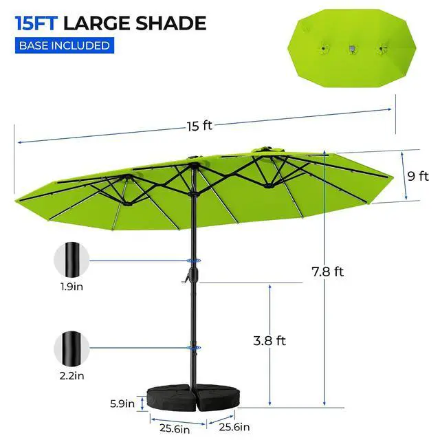 Alt view image 6 of 7 - Patio Umbrella 48 LED Colorful Lights, 15ft Double Sided Outdoor Large Rectangular Patio Umbrella with Crank Handle, for Lawn Garden, Home, Outdoor Activities, Green(with Base)