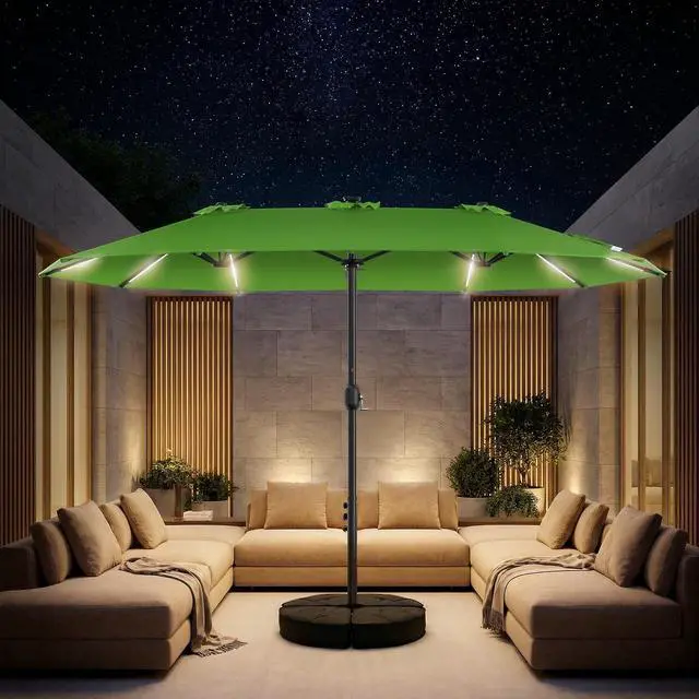 Alt view image 2 of 7 - 15FT Double Sided Rectangular Patio Umbrella with LED Light Bars and Base, Large Outdoor Sun Umbrella with Crank Open and Close for Patio, Lawn, Garden, Backyard,Green