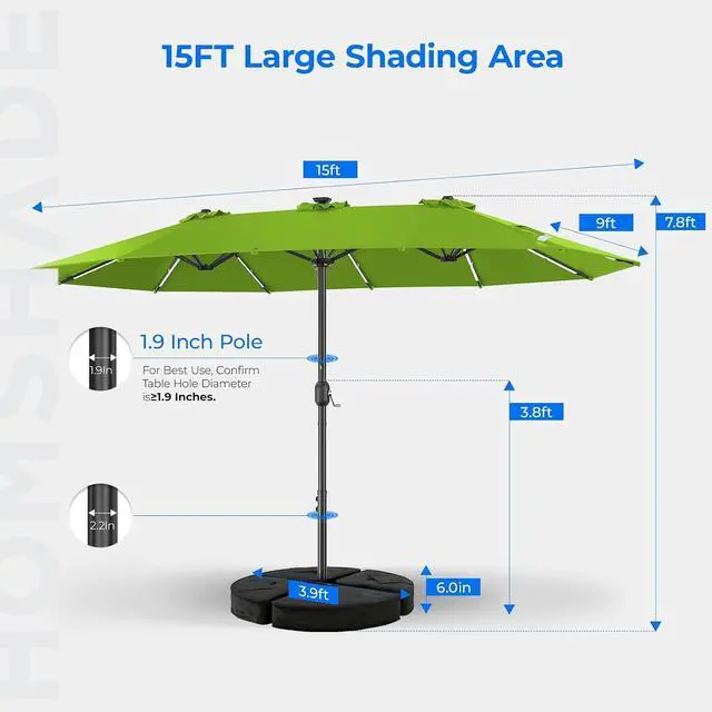 Alt view image 4 of 7 - 15FT Double Sided Rectangular Patio Umbrella with LED Light Bars and Base, Large Outdoor Sun Umbrella with Crank Open and Close for Patio, Lawn, Garden, Backyard,Green