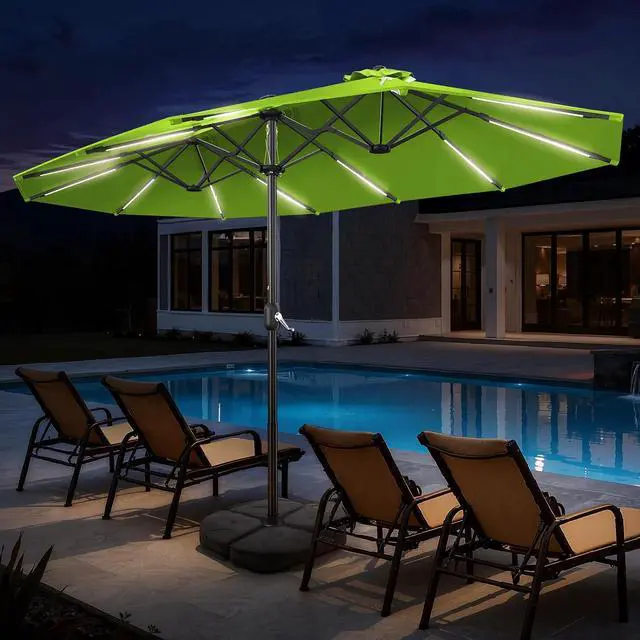 Alt view image 6 of 7 - 15FT Double Sided Rectangular Patio Umbrella with LED Light Bars and Base, Large Outdoor Sun Umbrella with Crank Open and Close for Patio, Lawn, Garden, Backyard,Green