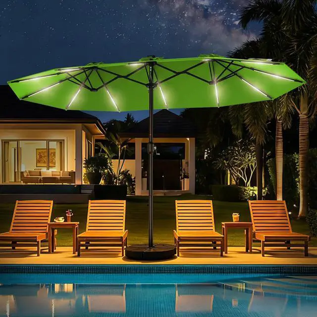 Alt view image 7 of 7 - 15FT Double Sided Rectangular Patio Umbrella with LED Light Bars and Base, Large Outdoor Sun Umbrella with Crank Open and Close for Patio, Lawn, Garden, Backyard,Green