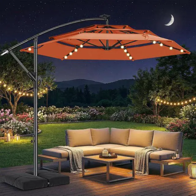 Alt view image 2 of 7 - 10ft 3-Tiered Cantilever Patio Umbrella Solar LED Lighted, Hanging Offset Market Outdoor Sun Shade with Base Stand for Beach, Backyard, Deck, Poolside, Orange