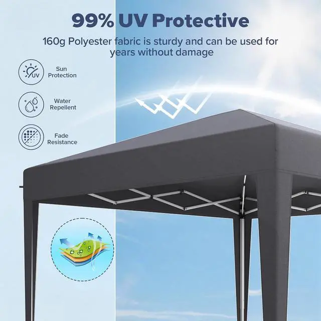 Alt view image 3 of 7 - 10x10 Pop Up Canopy, Easy Setup Adjustable Canopy Tent with Stakes & Ropes for Outdoor Camping, Party, Backyard, Gray