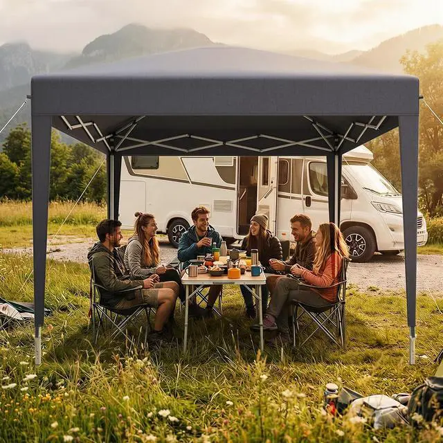 Alt view image 2 of 7 - 10x10 Pop Up Canopy, Easy Setup Adjustable Canopy Tent with Stakes & Ropes for Outdoor Camping, Party, Backyard, Gray
