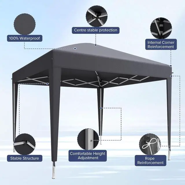 Alt view image 4 of 7 - 10x10 Pop Up Canopy, Easy Setup Adjustable Canopy Tent with Stakes & Ropes for Outdoor Camping, Party, Backyard, Gray