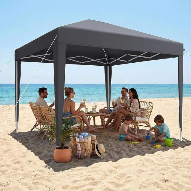 Alt view image 6 of 7 - 10x10 Pop Up Canopy, Easy Setup Adjustable Canopy Tent with Stakes & Ropes for Outdoor Camping, Party, Backyard, Gray