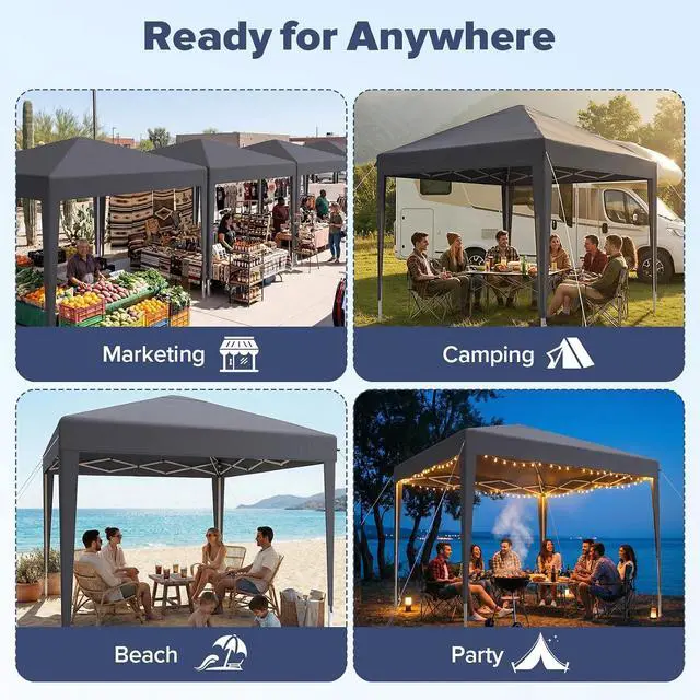 Alt view image 7 of 7 - 10x10 Pop Up Canopy, Easy Setup Adjustable Canopy Tent with Stakes & Ropes for Outdoor Camping, Party, Backyard, Gray