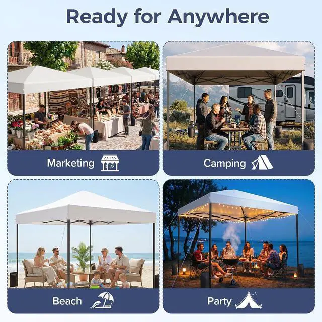 Alt view image 5 of 7 - 10x10 Pop Up Canopy Tent with 99% UV Blocking, Easy Setup Outdoor Shelter for Patio, Garden, Beach, Includes Sandbags and Stakes, White