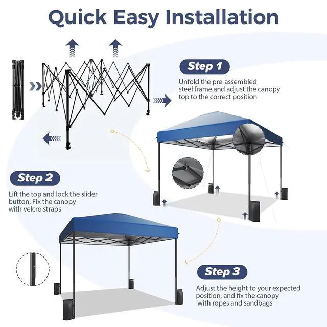 Alt view image 4 of 7 - 10x10 Pop Up Canopy Tent with 99% UV Blocking, Easy Setup Outdoor Shelter for Patio, Garden, Beach, Includes Sandbags and Stakes, Navy