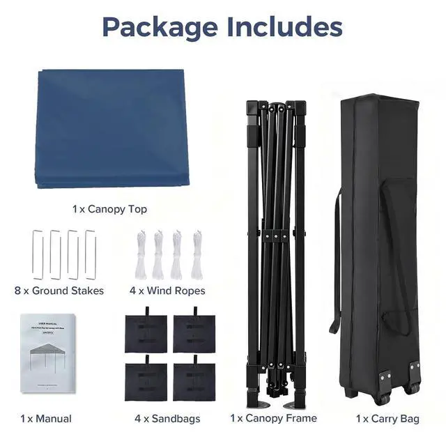 Alt view image 7 of 7 - 10x10 Pop Up Canopy Tent with 99% UV Blocking, Easy Setup Outdoor Shelter for Patio, Garden, Beach, Includes Sandbags and Stakes, Navy