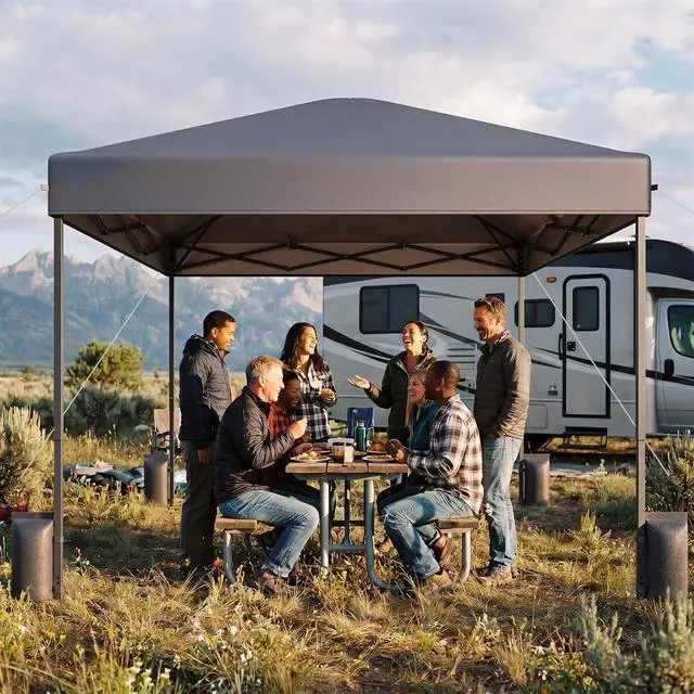 Alt view image 2 of 7 - 10x10 Pop Up Canopy Tent with 99% UV Blocking, Easy Setup Outdoor Shelter for Patio, Garden, Beach, Includes Sandbags and Stakes, Gray