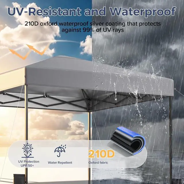 Alt view image 3 of 7 - 10x10 Pop Up Canopy Tent with 99% UV Blocking, Easy Setup Outdoor Shelter for Patio, Garden, Beach, Includes Sandbags and Stakes, Gray