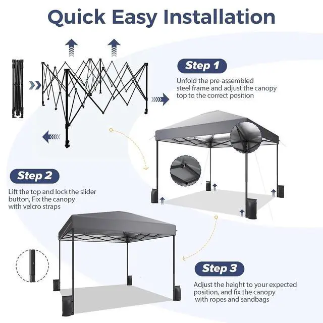 Alt view image 4 of 7 - 10x10 Pop Up Canopy Tent with 99% UV Blocking, Easy Setup Outdoor Shelter for Patio, Garden, Beach, Includes Sandbags and Stakes, Gray
