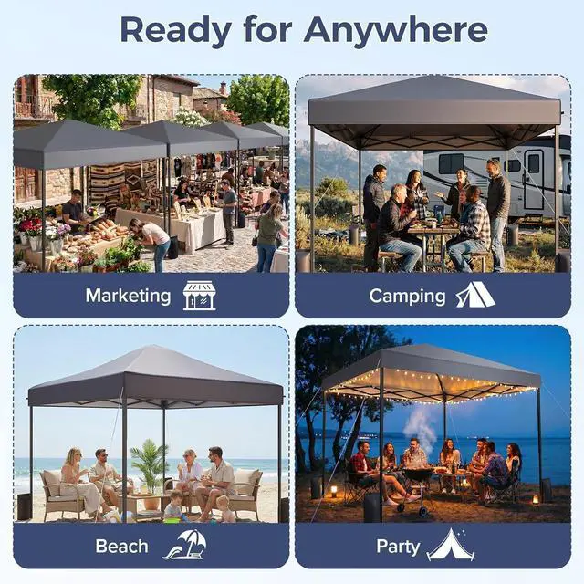 Alt view image 6 of 7 - 10x10 Pop Up Canopy Tent with 99% UV Blocking, Easy Setup Outdoor Shelter for Patio, Garden, Beach, Includes Sandbags and Stakes, Gray