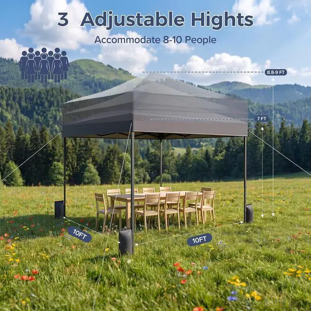 Alt view image 7 of 7 - 10x10 Pop Up Canopy Tent with 99% UV Blocking, Easy Setup Outdoor Shelter for Patio, Garden, Beach, Includes Sandbags and Stakes, Gray