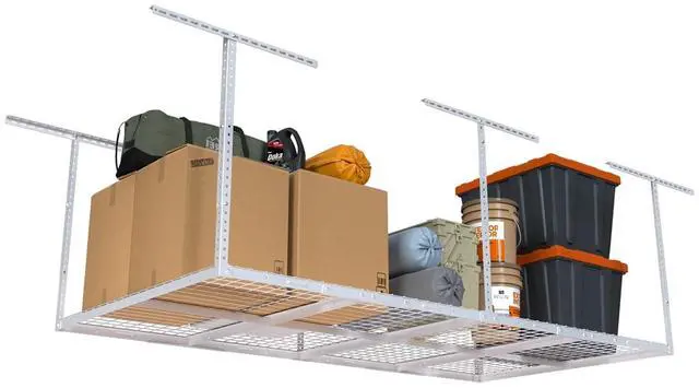Main image of 4ftx8ft Overhead Garage Storage Rack, Heavy-Duty Metal Garage Ceiling Storage Rack, 22''-40" Adjustable Ceiling Drop-Down, 750 lb. Loading Weight Capacity, White