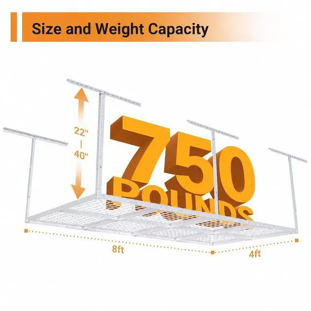 Alt view image 2 of 7 - 4ftx8ft Overhead Garage Storage Rack, Heavy-Duty Metal Garage Ceiling Storage Rack, 22''-40" Adjustable Ceiling Drop-Down, 750 lb. Loading Weight Capacity, White